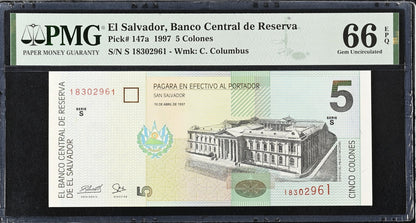 El Salvador Banco Central de Reserva 5 Colones 1997 P 147a UNC PMG 66 EPQ