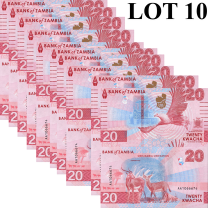 Zambia 20 Kwacha 2024 2025 P New Issue UNC AA Prefix 1/10 Bundle LOT 10 pcs