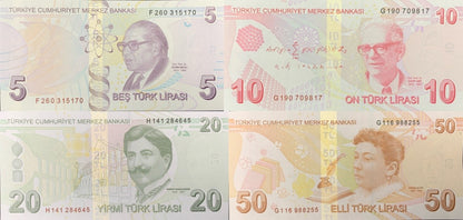 Turkey 5 10 20 50 Turk Lirasi 2009-2025 P 222 223 224 225 New Date UNC Set 4 pcs