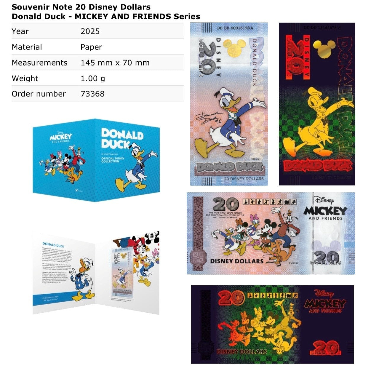 Disney Official Mickey Mouse & Frinds 20 Dollars 2025 Donald Duck UNC W/F
