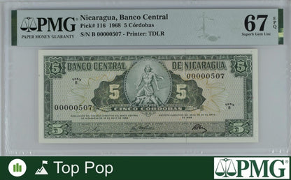 Nicaragua Banco Central 5 Cordobas 1968 P 116 UNC PMG 67 EPQ LOW S/N 507 TOP POP