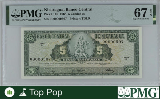 Nicaragua Banco Central 5 Cordobas 1968 P 116 UNC PMG 67 EPQ LOW S/N 507 TOP POP
