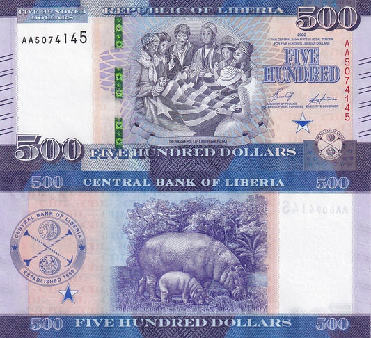 Liberia 500 Dollars 2022 P 42 UNC AA First Prefix