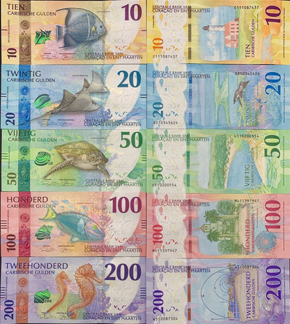 Curacao & Sint Maarten 10 20 50-200 Caribische Gulden 2025 P New UNC Set 5 pcs