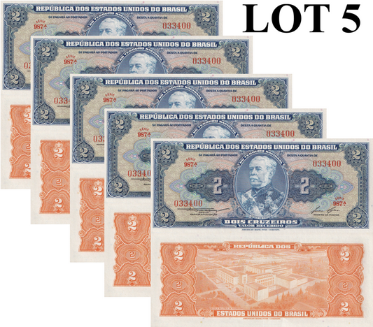 Brazil 2 Crvzeiros  ND 1954-1958 P 151 UNC 1/20 Bundle Lot 5 pcs
