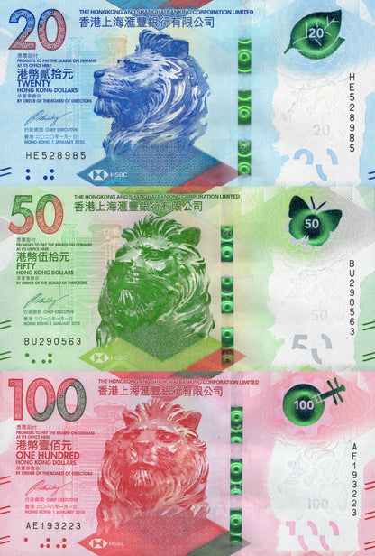 Hong Kong 20 50 100 Dollars 2018 2020 P 218 219 220 UNC HSBC Set 3 pcs