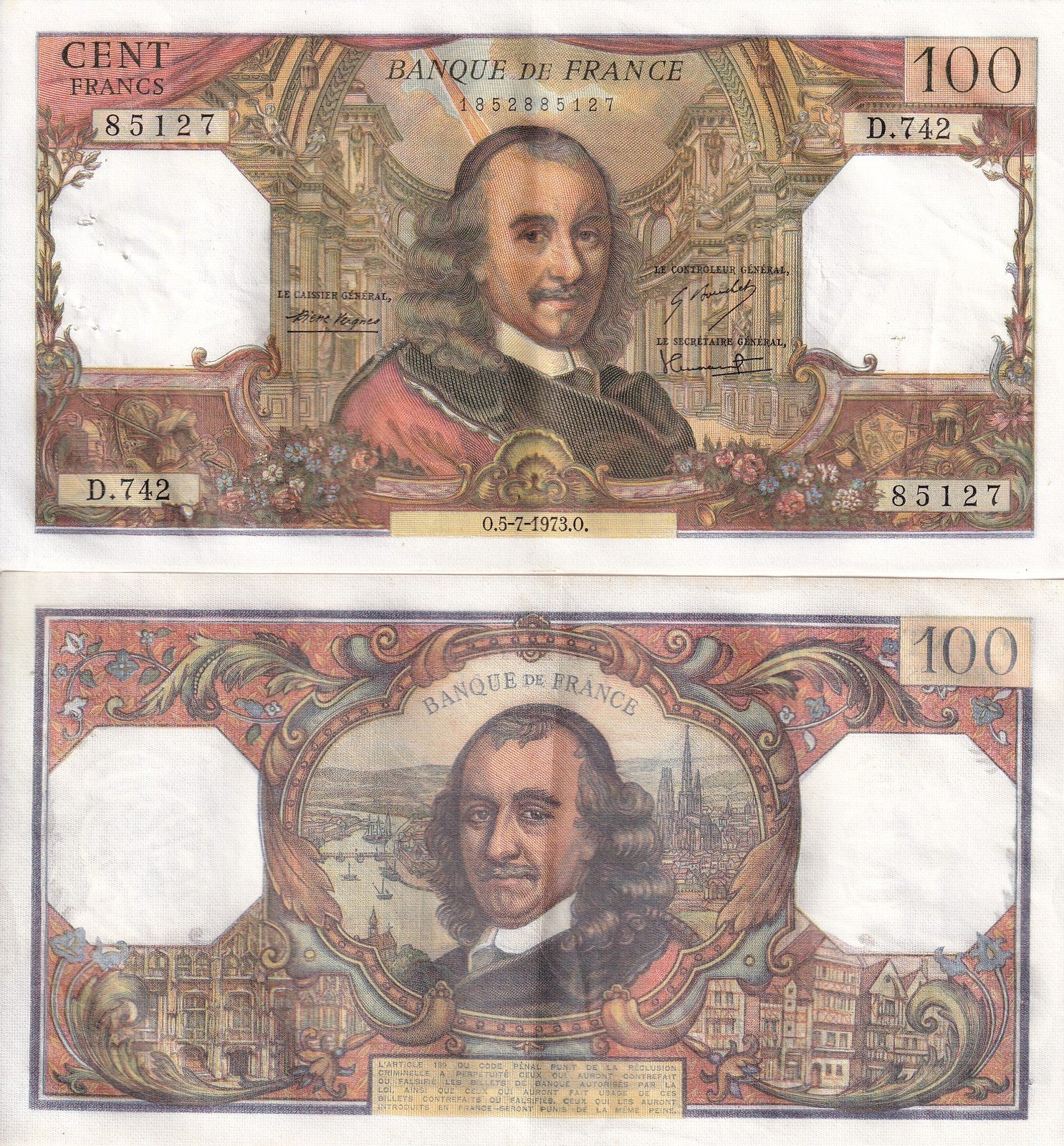 France 100 Francs 1973 P 149d EF-AU WITH HOLE