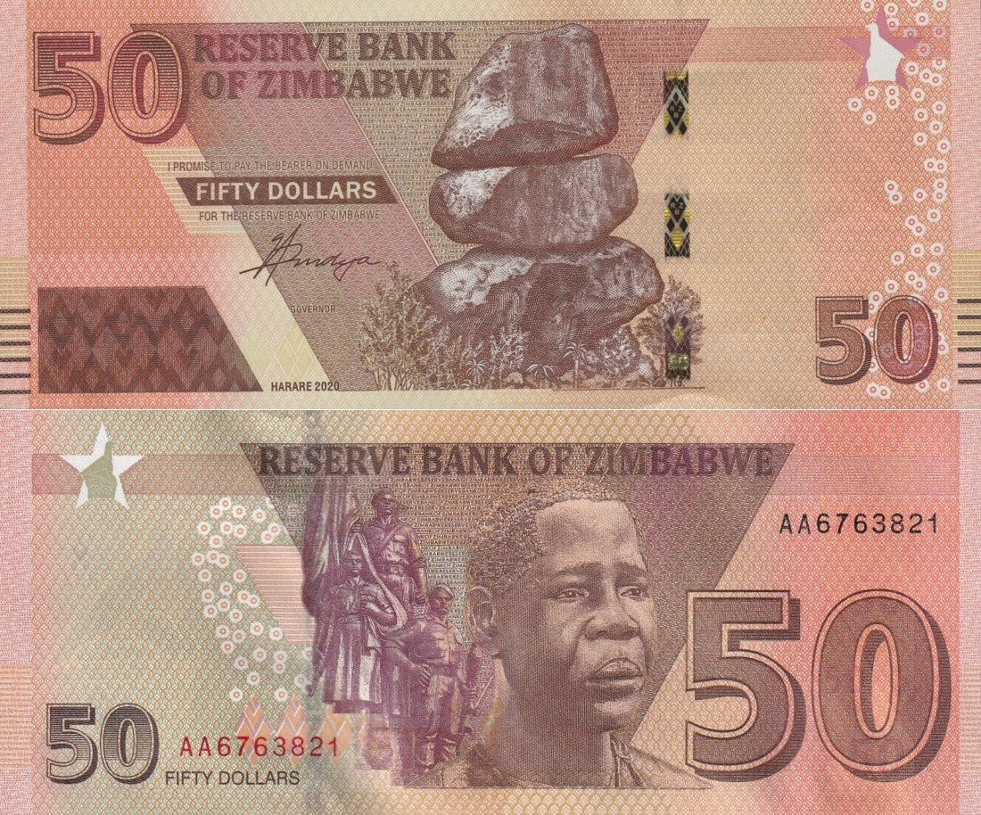 Zimbabwe 50 Dollars 2020 P 105 UNC AA First Prefix