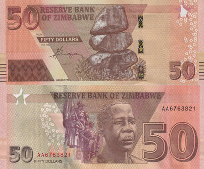 Zimbabwe 50 Dollars 2020 P 105 UNC AA First Prefix