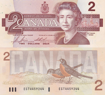 Canada 2 Dollars 1986 P 94c UNC Queen Elizabeth II 1/20 Bundle Lot 5 pcs