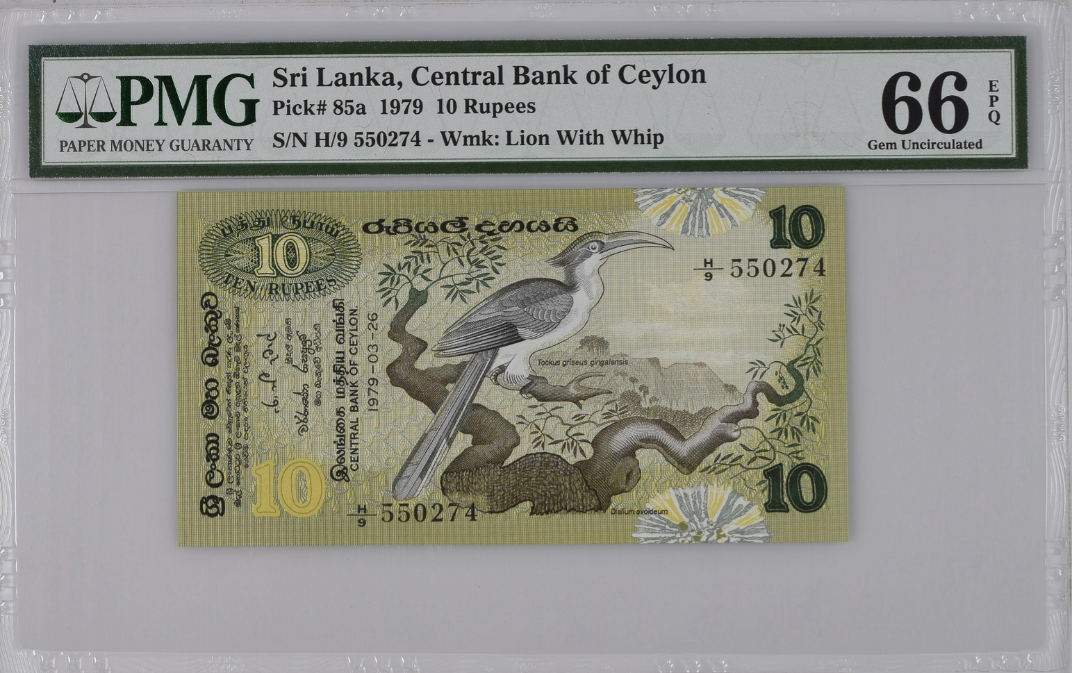 Sri Lanka Central Bank of Ceylon 10 Rupees 1979 P 85a UNC PMG 66 EPQ