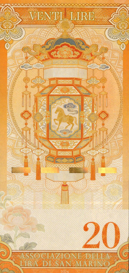 San Marino TEST NOTE 20 Lire 2026 Year of Horse Commemorative Banknote UNC