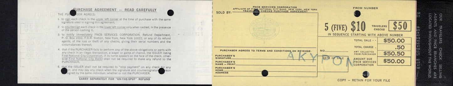 USA 10 Dollars 1969 First National City Corp. Bank Cheque UNC W/Booklet (1 Note)
