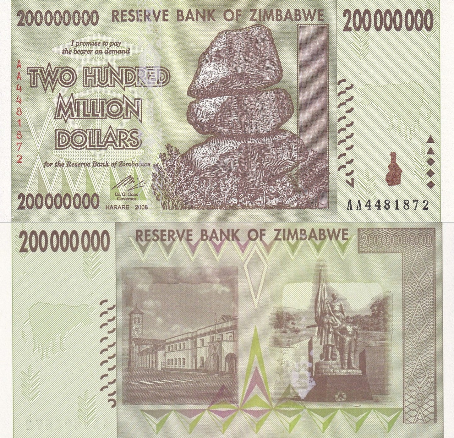 Zimbabwe 200000000 Dollars 2008 P 81 UNC AA First Prefix