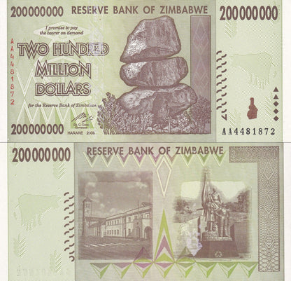 Zimbabwe 200000000 Dollars 2008 P 81 UNC AA First Prefix