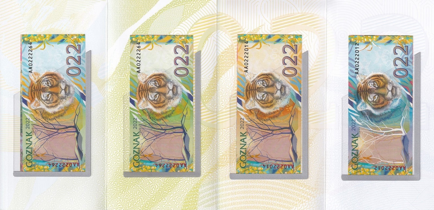 Russia Goznak Test Note 2022 Tiger 4 Seasons UNC Set 4 p AA Prefix With Folder