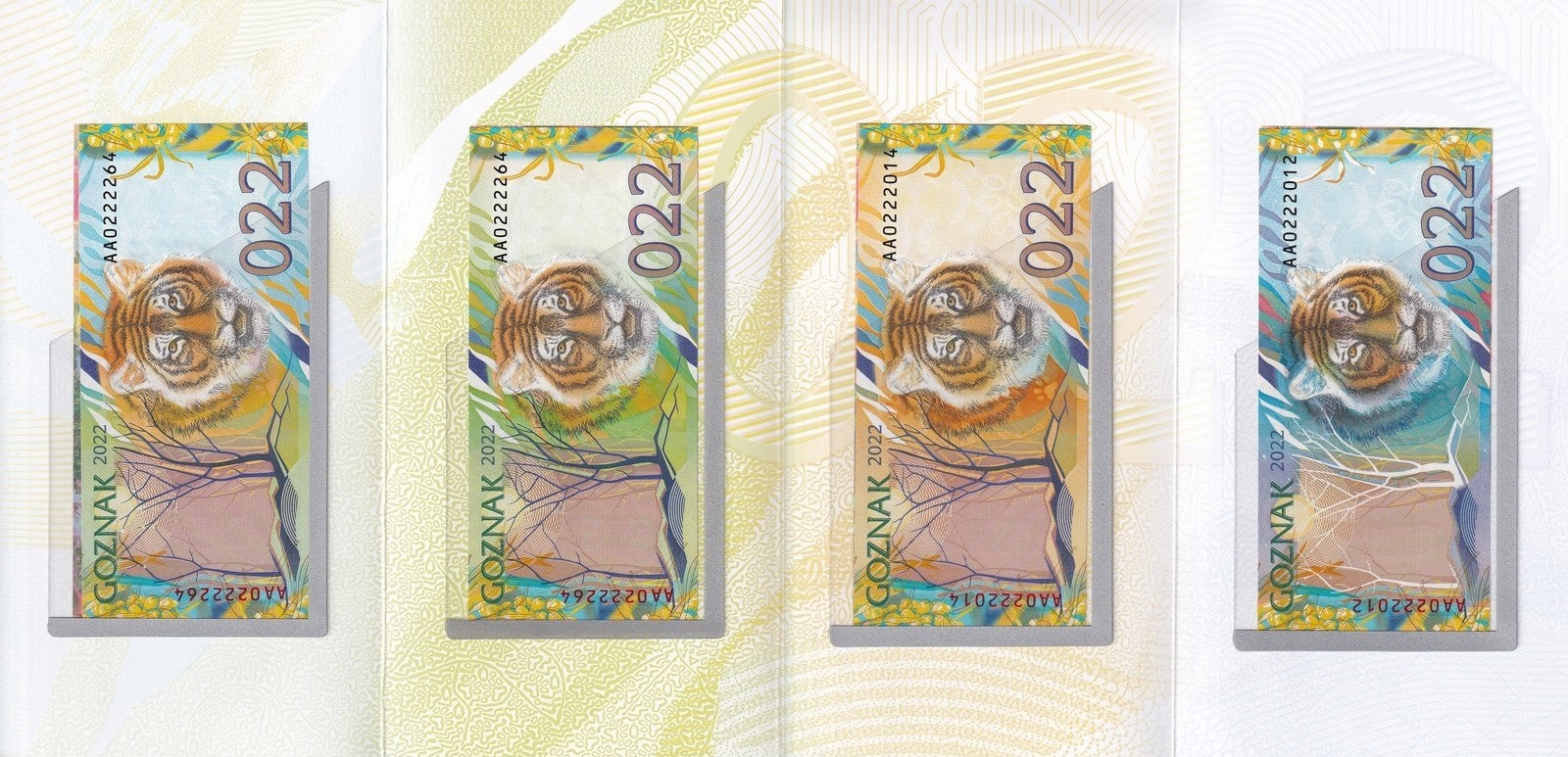 Russia Goznak Test Note 2022 Tiger 4 Seasons UNC Set 4 p AA Prefix With Folder