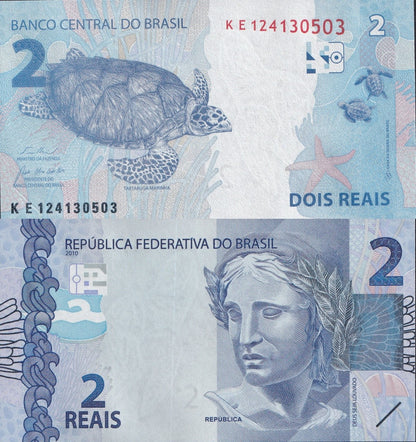 Brazil 2 Reais 2010/2024 P 252 UNC 1/10 Bundle Lot 10 pcs