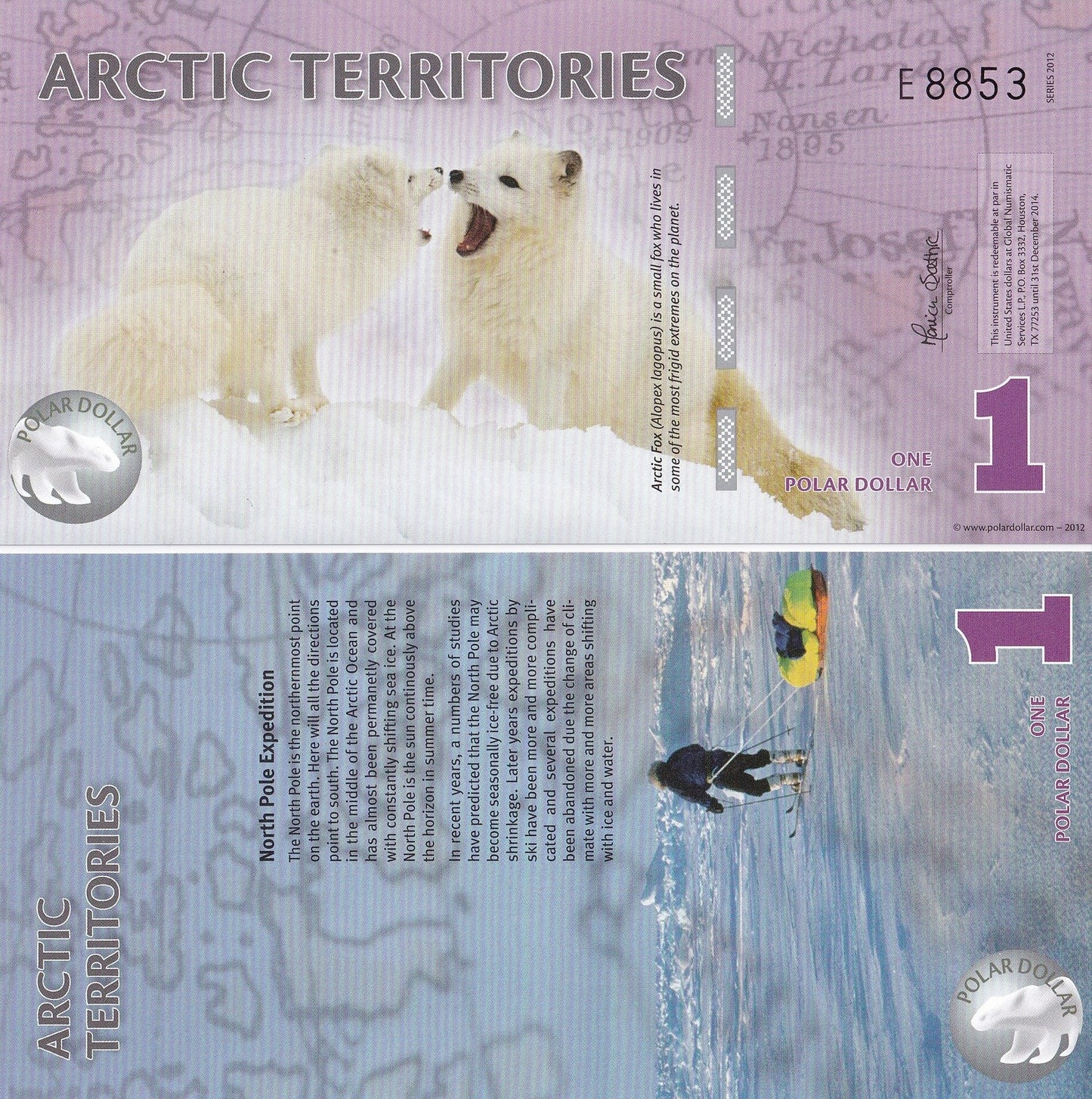 Arctic Territories 1 Dollars 2012 Polymer Arctic Fox UNC Test Note Lot 5 pcs