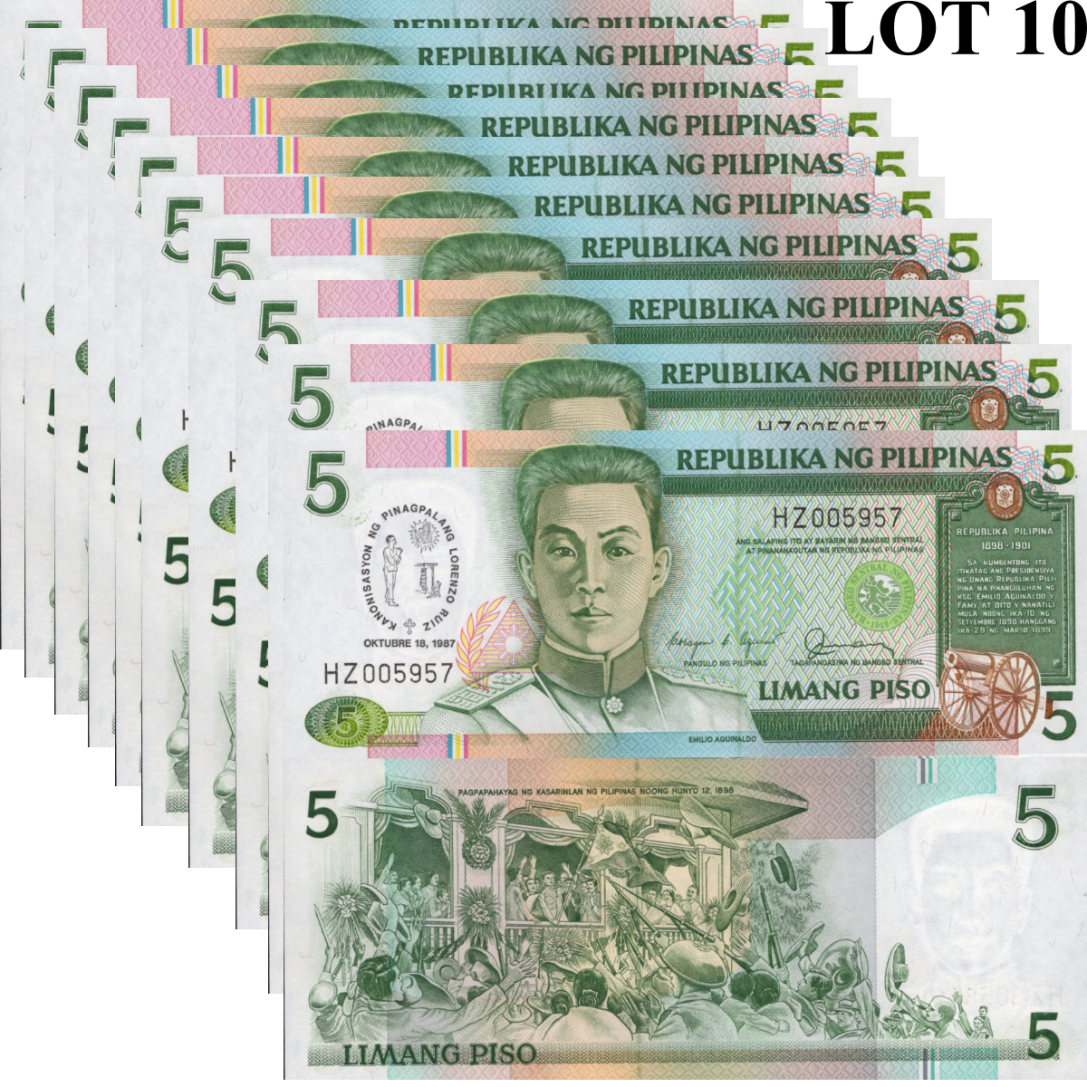 Philippines 5 Piso 1987 P 176 UNC COMM. LOW S/N 00XXXX LOT 10 pcs 1/10 Bundle