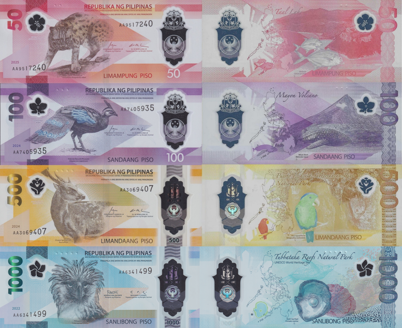 Philippines 50-1000 Piso 2024-2025 P New 238 240 241 Polymer UNC Set 4 AA Prefix