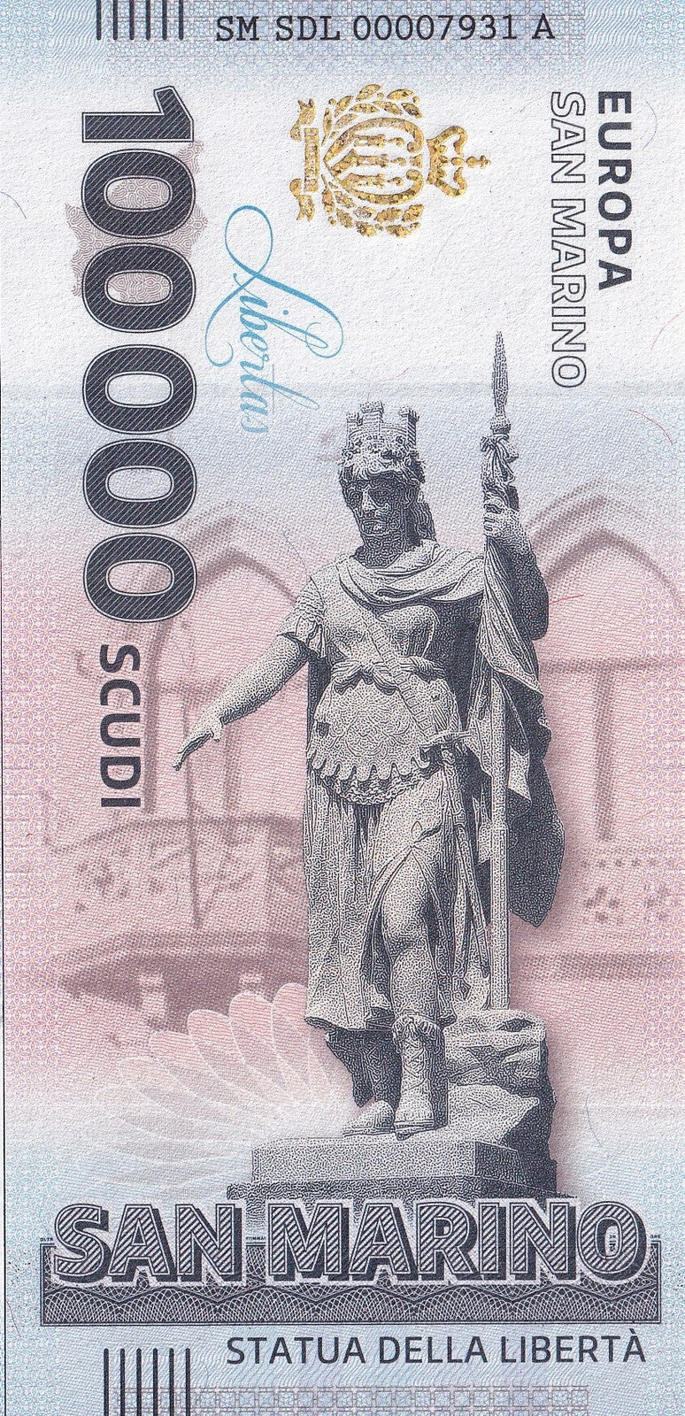 San Marino Republic 100000 Scudi Statua Della Liberta UNC COMM. Test Note