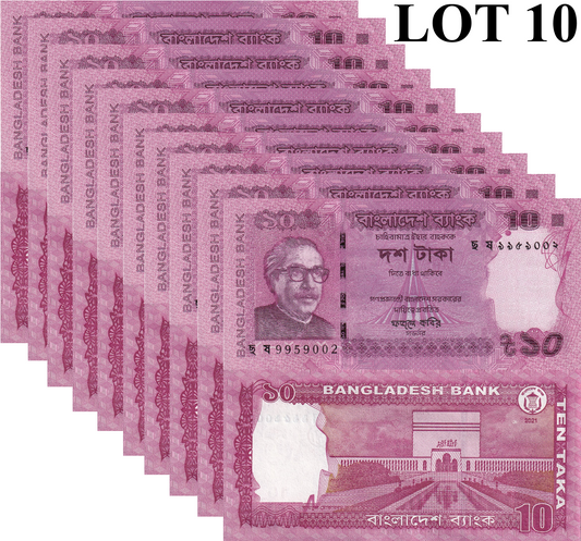 Bangladesh 10 Taka 2021 P 54 UNC 1/10 Bundle Lot 10 pcs