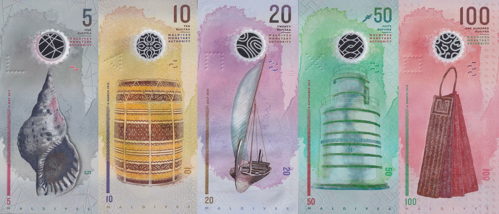 Maldives 5 10 20 50 100 Rufiyaa 2017-2022 P A26 26 27-29 Polymer UNC Set 5 pcs
