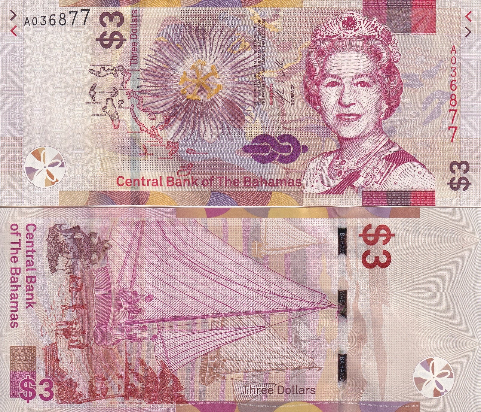Bahamas 3 Dollars 2019 P 78 UNC