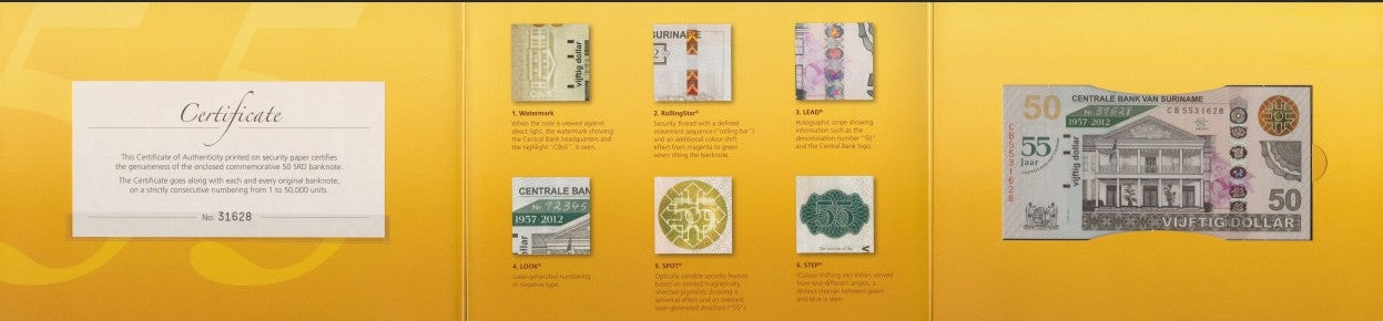 Suriname Commemorative 50 Dollars 2012 P 167 UNC PMG 67 EPQ With Folder