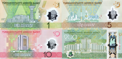 Turkmenistan 1 5 10 200 Manat 2025 / 2026 P New Polymer UNC Set 4 p AA Prefix