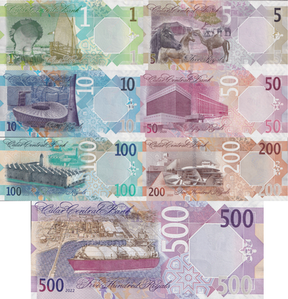 Qatar 1 5 10 50 100 200 500 Riyals 2020-22 P 32 33 34 35 36 37 38 UNC Set 7 pcs
