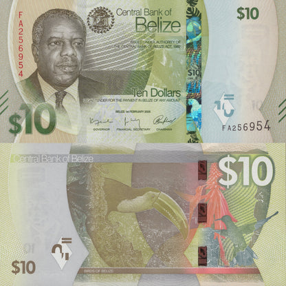Belize 10 Dollars 2025 P New Issue UNC 1/20 Bundle LOT 5 pcs