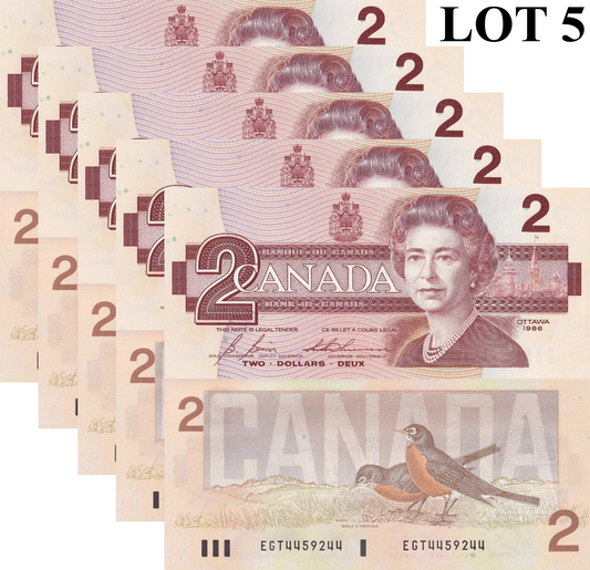 Canada 2 Dollars 1986 P 94c UNC Queen Elizabeth II 1/20 Bundle Lot 5 pcs