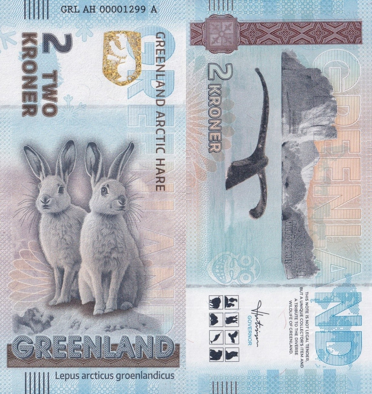 Greenland Souvenir Note 2 Krone Greenland Arctic Hare UNC Test Note
