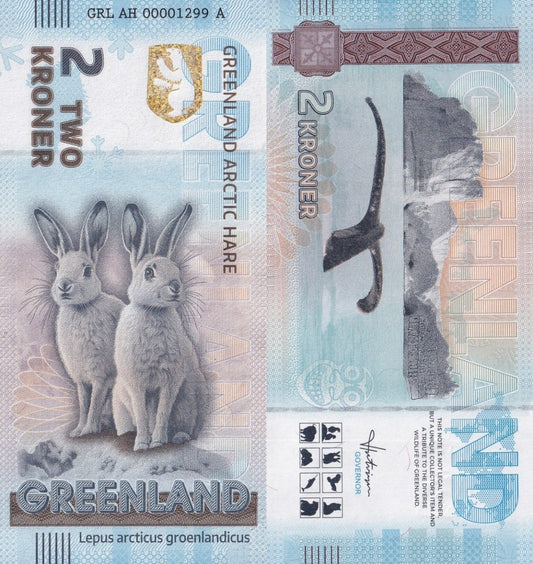 Greenland Souvenir Note 2 Krone Greenland Arctic Hare UNC Test Note