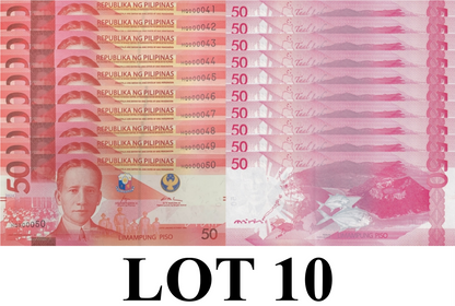 Philippines 50 Piso 2024 P 231A UNC Consecutive Lot 10 pcs LOW S/N 41-50