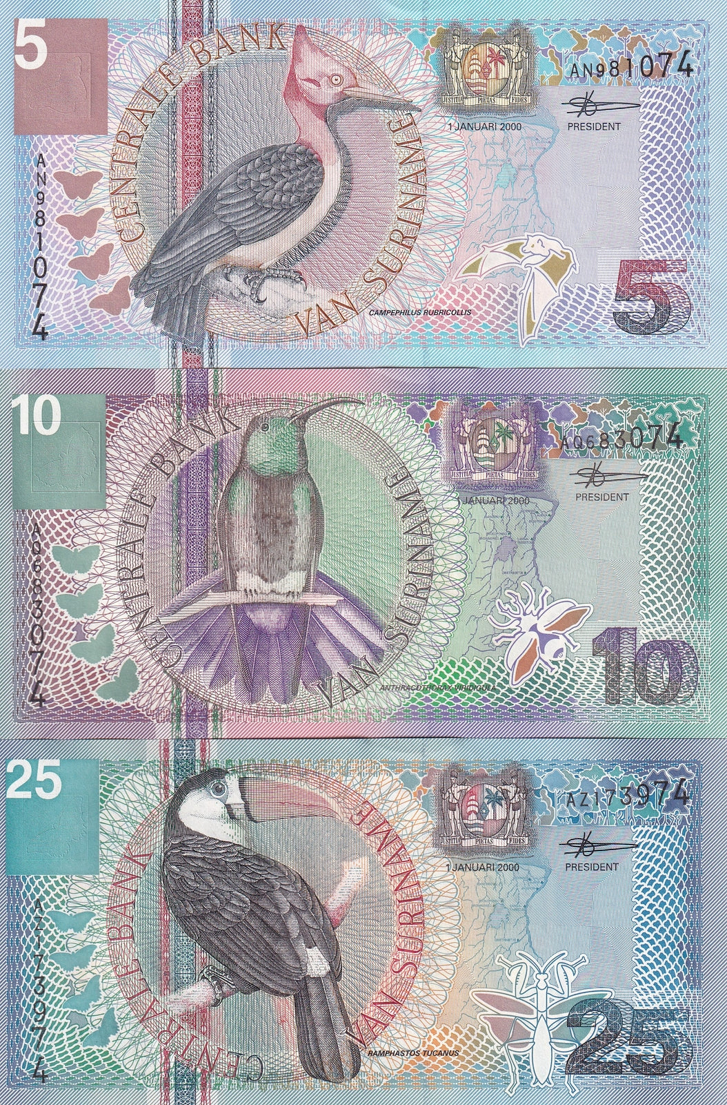 Suriname 5 10 25 Gulden 2000 P 146 147 148 UNC Set 3 pcs