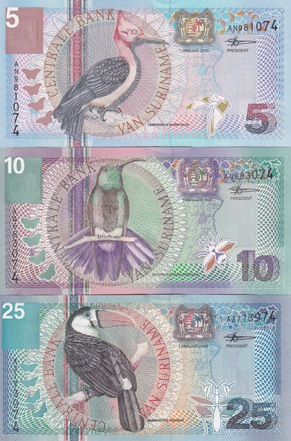 Suriname 5 10 25 Gulden 2000 P 146 147 148 UNC Set 3 pcs