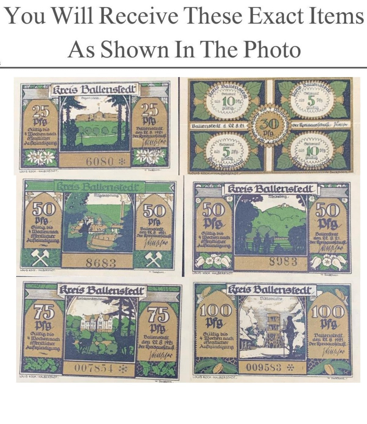Germany Notgeld BALLENSTEDT 25 30 50 75 100 Pfennig 1921 Full Set 6 pcs