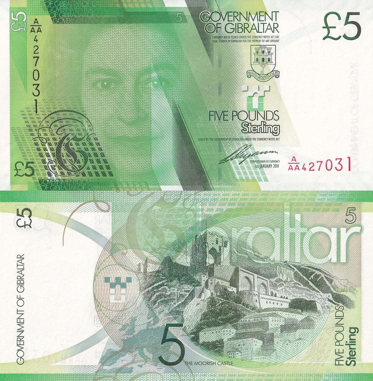 Gibraltar 5 Pounds 2011 P 35 Queen Elizabeth II UNC A/AA First Prefix