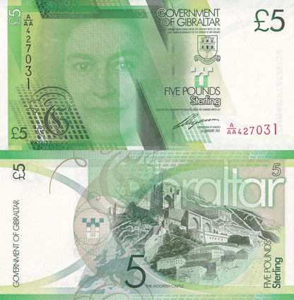 Gibraltar 5 Pounds 2011 P 35 Queen Elizabeth II UNC A/AA First Prefix
