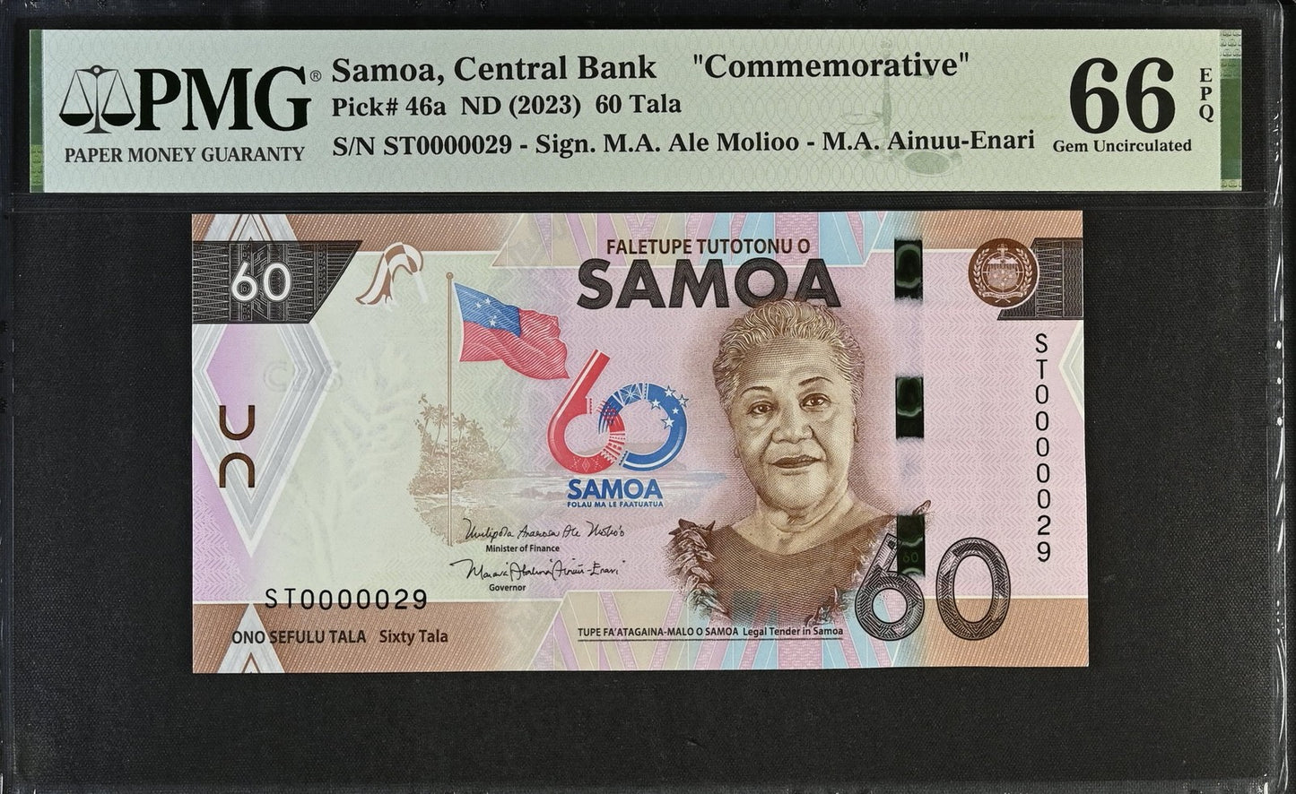 Samoa Commemorative 60 Tala ND (2023) P 46a UNC PMG 66 EPQ LOW S/N 0000029