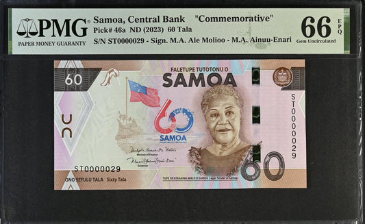 Samoa Commemorative 60 Tala ND (2023) P 46a UNC PMG 66 EPQ LOW S/N 0000029