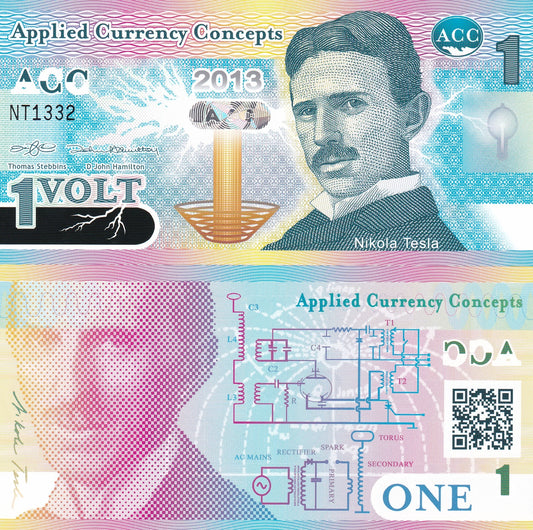 Applied Currency Concepts 1 Volt  2013 Polymer UNC note W/ Hologram Nikola Tesla