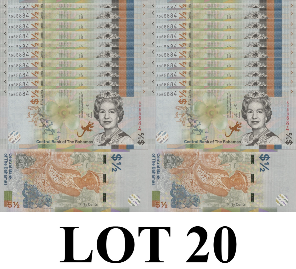 Bahamas 50 Cents 2019 P A77 QEII Queen UNC 1/5 Bundle Lot 20 pcs