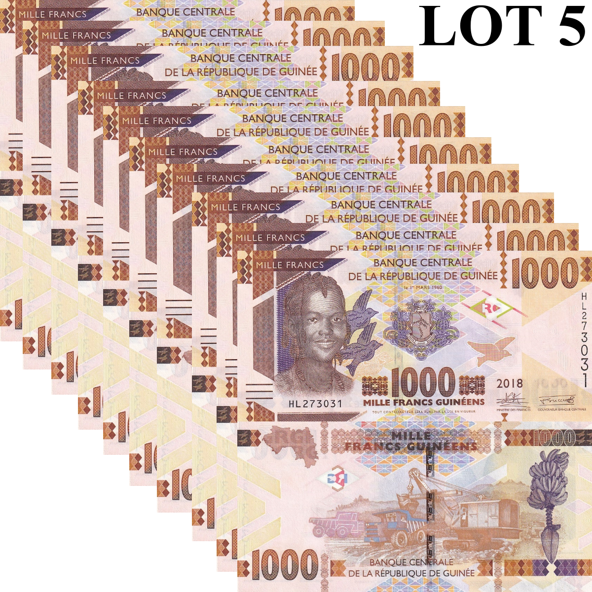 Guinea 1000 Francs 2018 P 48 UNC 1/10 Bundle Lot 10 pcs