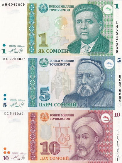 Tajikistan 1 5 10 Somoni 1999 P 14a 15a(1) 16a UNC Set 3 pcs