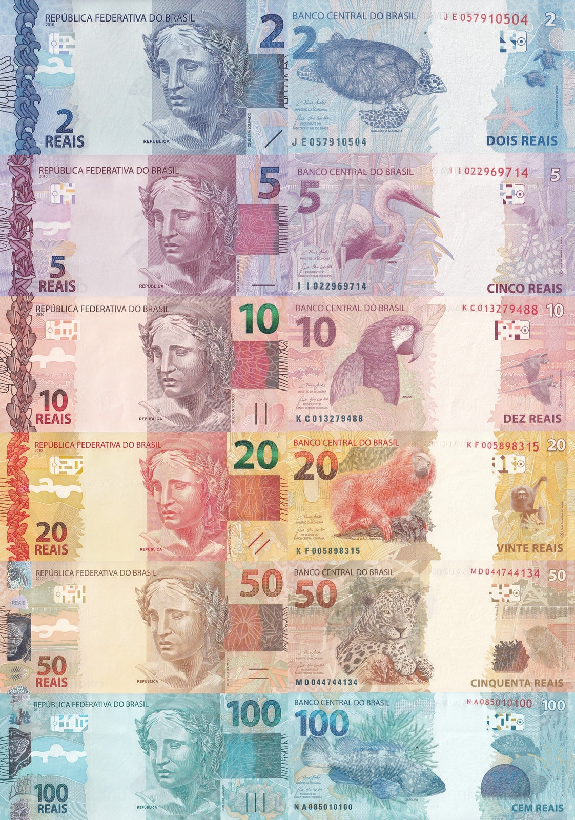 Brazil 2 5 10 20 50 100 Reais 2010 P 252 253 254 255 256 257 UNC Set 6 pcs