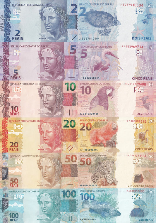Brazil 2 5 10 20 50 100 Reais 2010 P 252 253 254 255 256 257 UNC Set 6 pcs